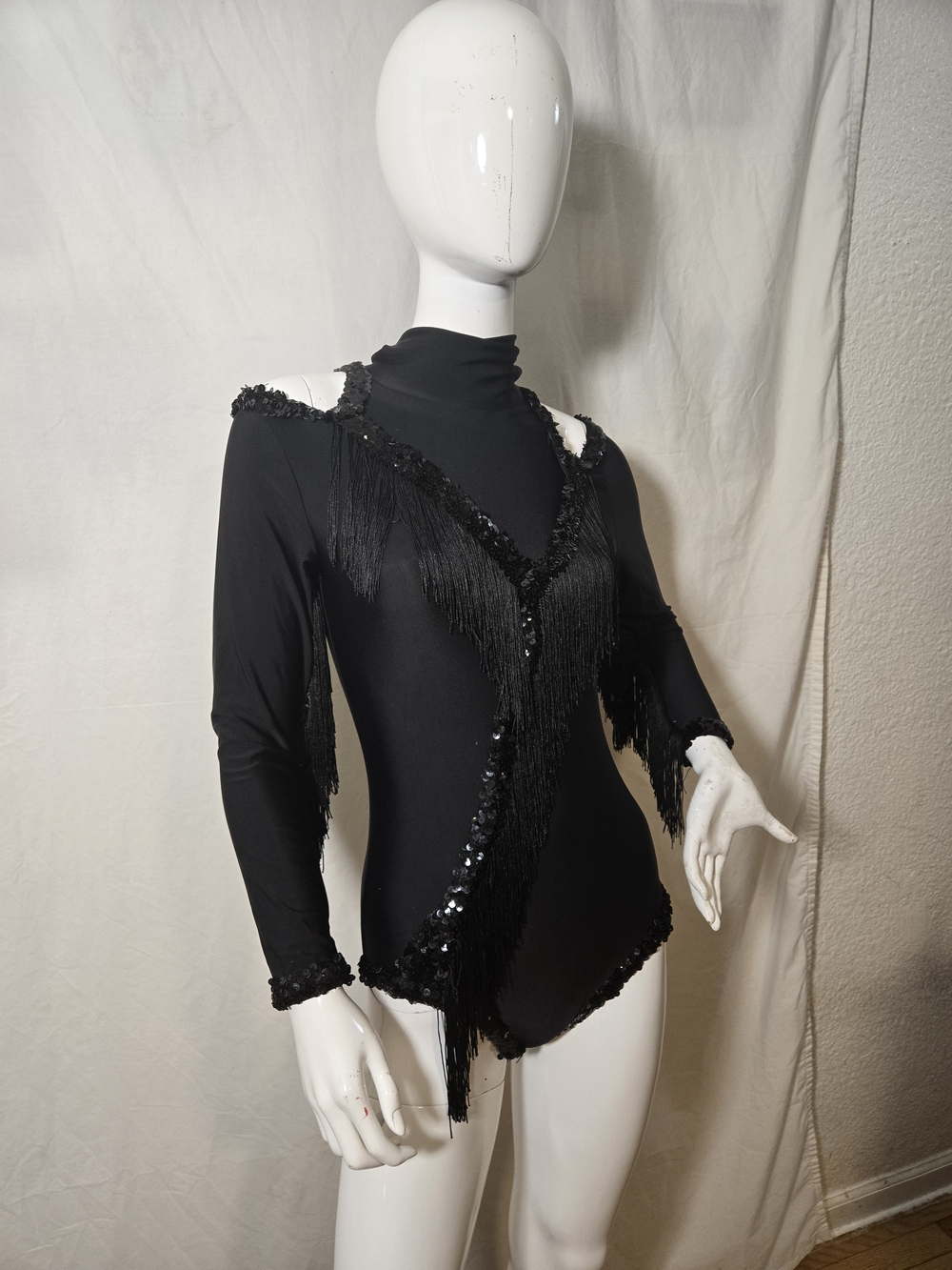 Black Sequin & Fringe Long-Sleeve Dance Leotard,custom Dance,rave Wear